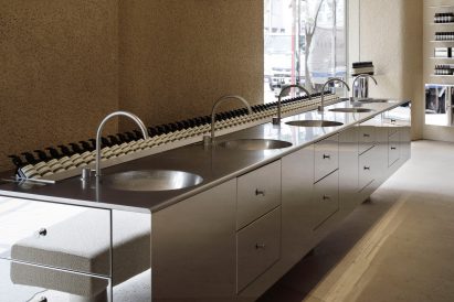 Aesop in Shinjuku features plaster walls and steel fixtures