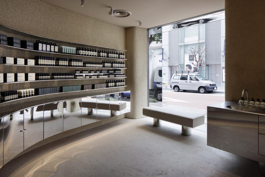 Aesop in Shinjuku features plaster walls and steel fixtures