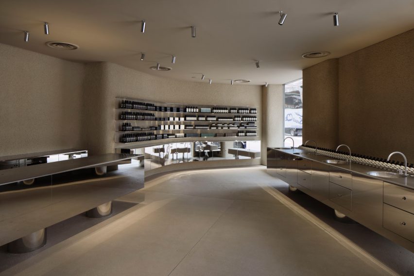 Aesop in Shinjuku features plaster walls and steel fixtures
