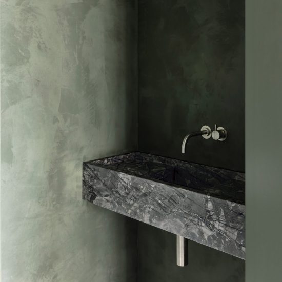 Dark bathroom inside Belgian Apartment, Belgium, by Carmine Van Der Linden and Thomas Geldof