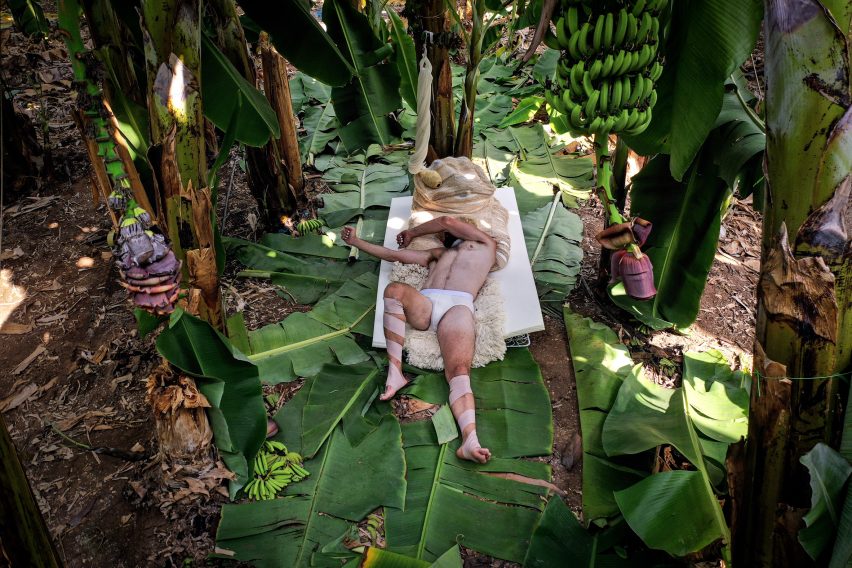 Erez Nevi Pana designs human "cocoons" from banana plants for Tropical Milan installation