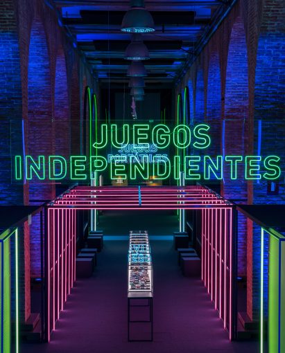 Neon signs in Smart & Green Design's video game exhibition design