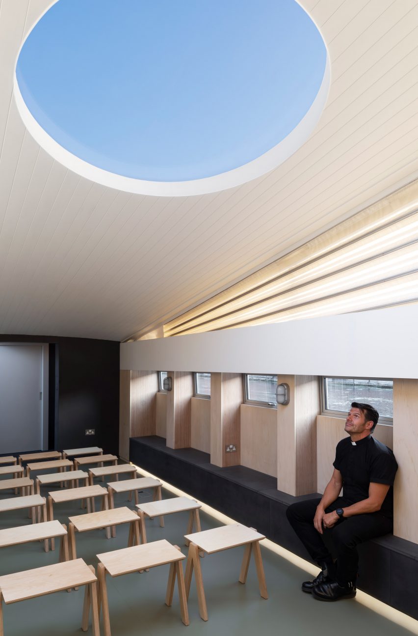 Interiors of the floating Genesis church by Denizen Works in east London