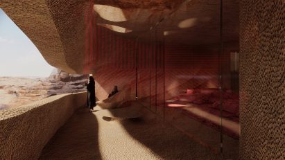 Sandstone-walled hotel room