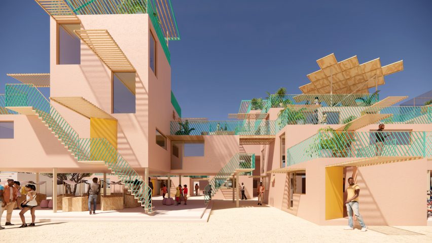 View of recycled plastic houses by Julien de Smedt and Othalo