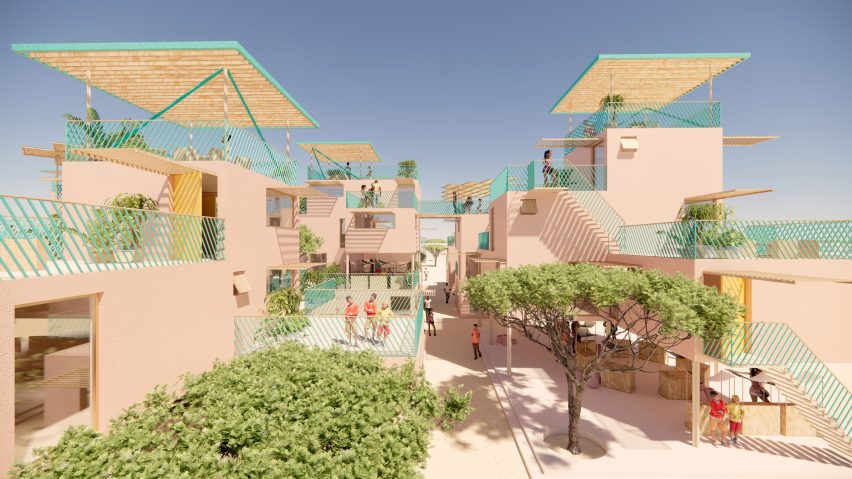 View of recycled plastic houses by Julien de Smedt and Othalo