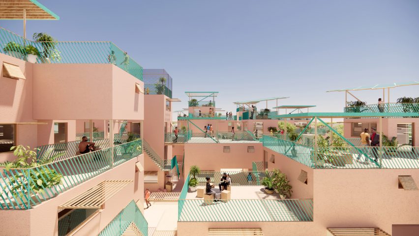 Neighbourhood of recycled plastic houses by Julien de Smedt and Othalo