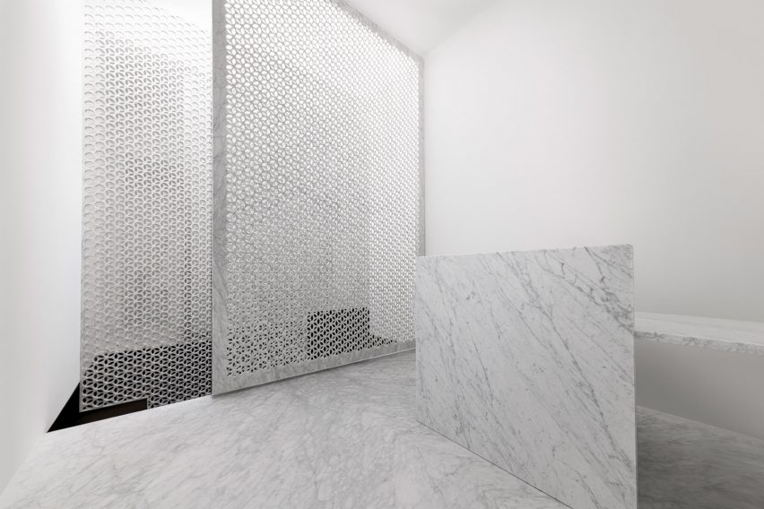 Marsotto marble showroom in Milan features white interiors
