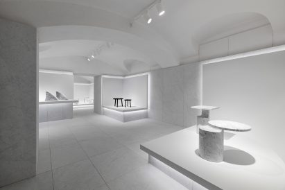Marsotto marble showroom in Milan features white interiors