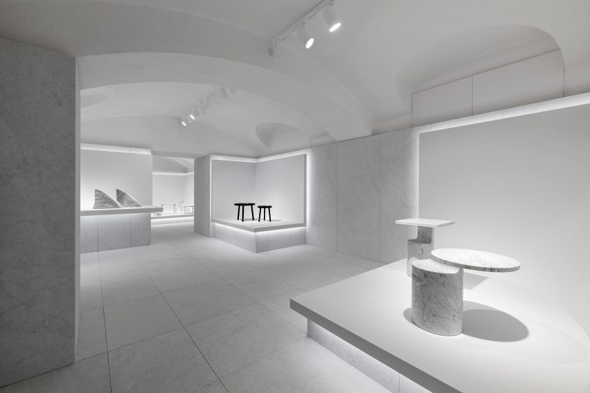 Marsotto marble showroom in Milan features white interiors