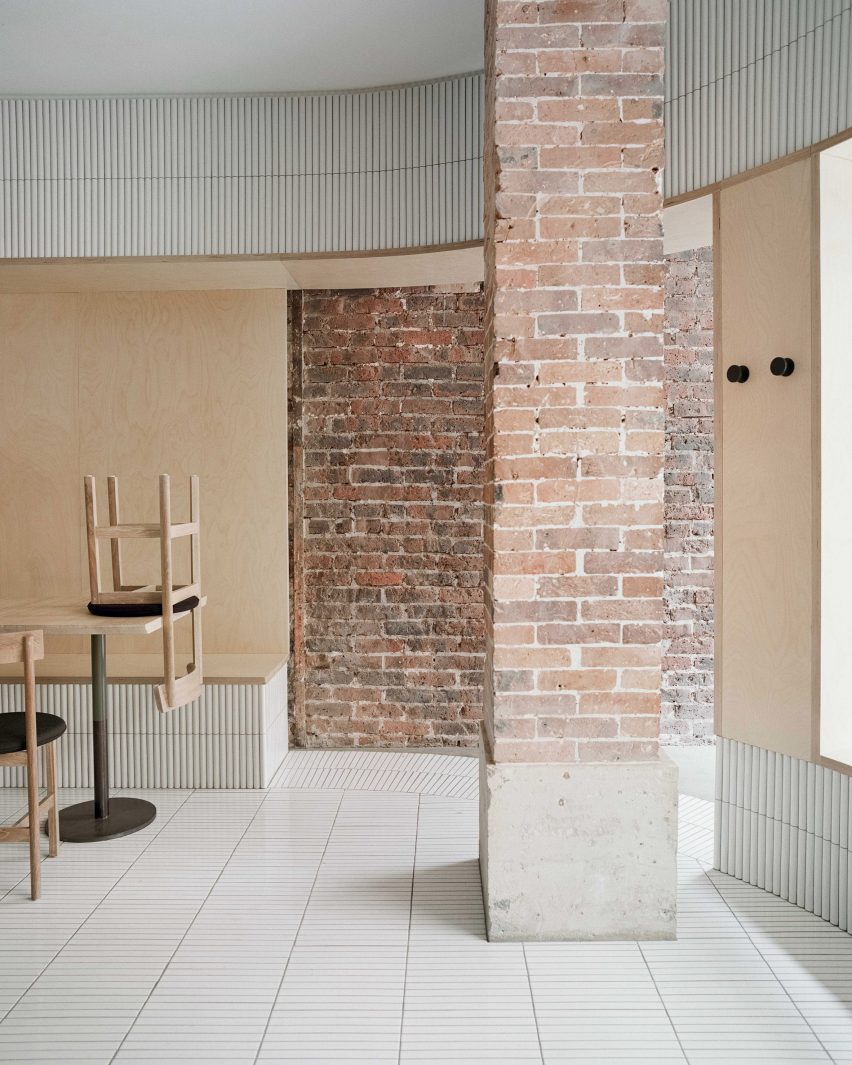 White tiles cover dining area of Papi restaurant in Paris