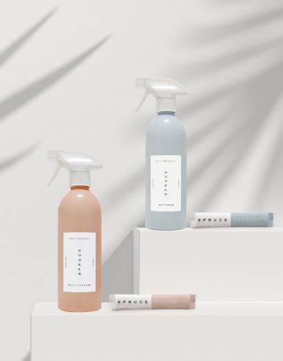 Spruce aluminium refillable bottle and compostable sachets