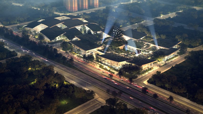 Night display of AI City and Cloud Valley campus designed by BIG for Terminus Group