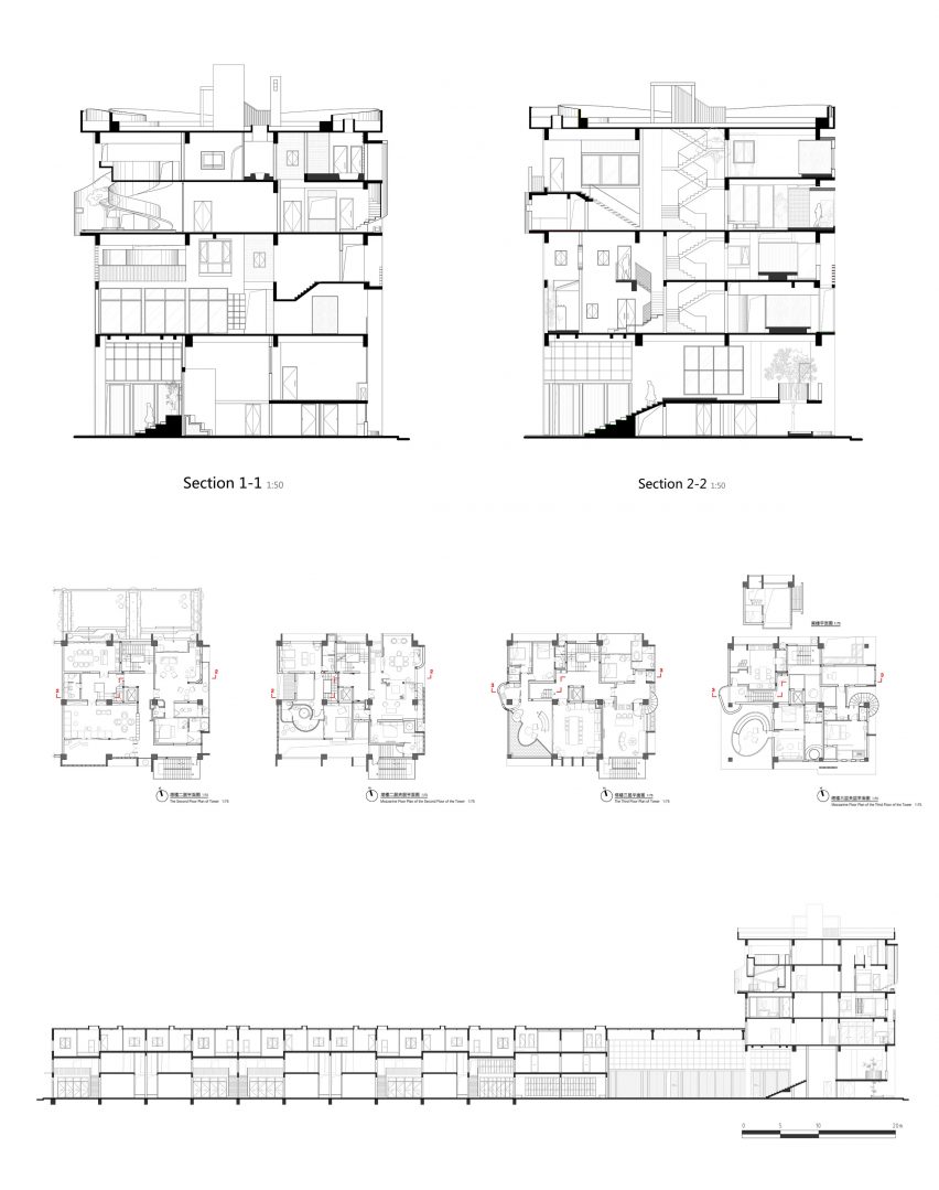 Plans of Borderless Community of Zi Ni Twelve Portals, housing project designed by Fei Architects in Guangzhou, China