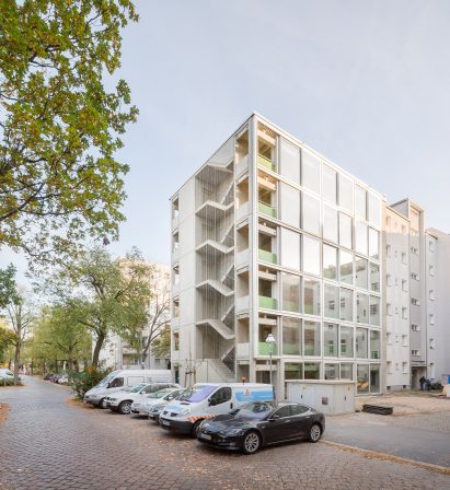 Exterior of Wohnregal, a prefabricated concrete housing block by FAR in Berlin, Germany
