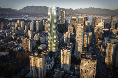 A visual of the Passivhaus 1075 Nelson Street's exterior by WKK Architects in Vancouver