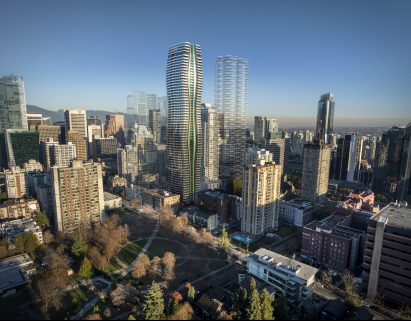 A visual of the Passivhaus 1075 Nelson Street's exterior by WKK Architects in Vancouver