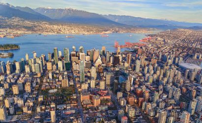 An aerial visual of the Passivhaus 1075 Nelson Street by WKK Architects in Vancouver