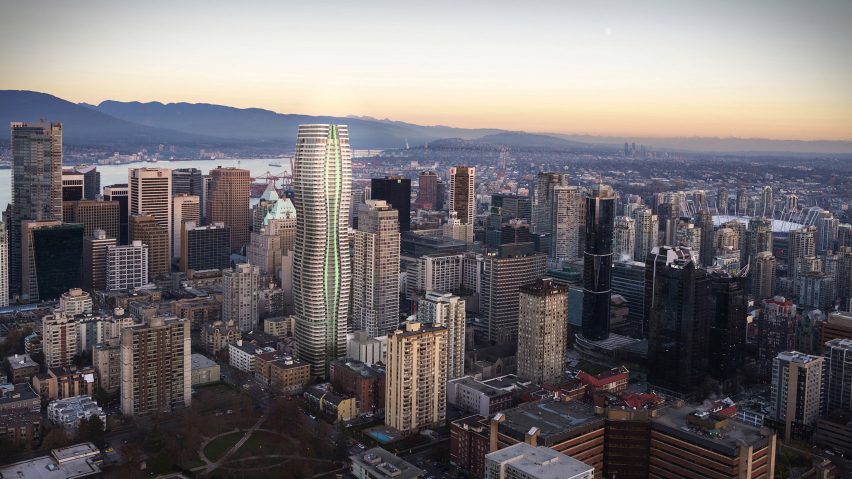 A visual of the Passivhaus 1075 Nelson Street's exterior by WKK Architects in Vancouver