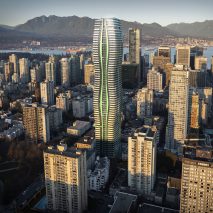 A visual of the Passivhaus 1075 Nelson Street's exterior by WKK Architects in Vancouver