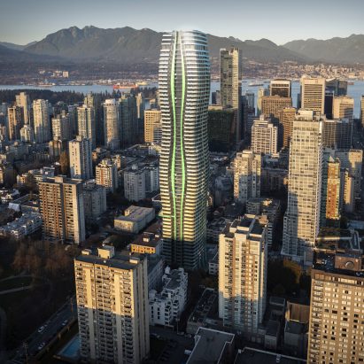 A visual of the Passivhaus 1075 Nelson Street's exterior by WKK Architects in Vancouver
