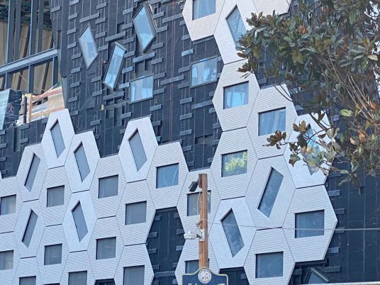 Exterior photos of Audrey Irmas Pavilion by OMA under construction