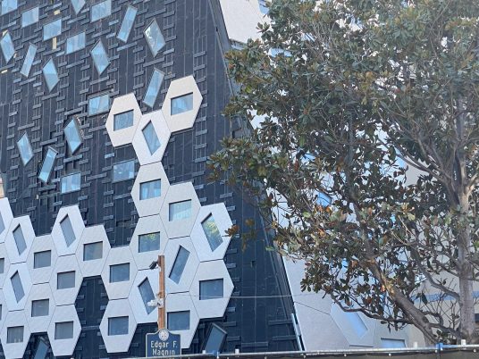 Exterior photos of Audrey Irmas Pavilion by OMA under construction