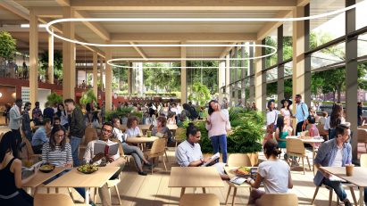 Ground level view of The Village student centre by BIG for John Hopkins University