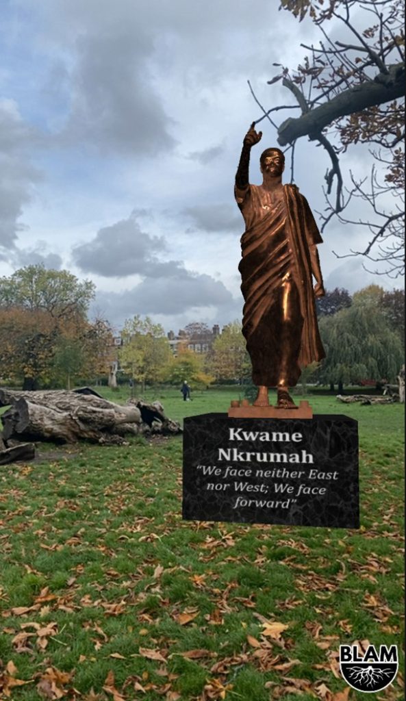 An AR statue of Kwame Nkrumah from the BLAM Black history app