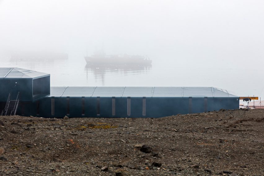 A side elevation of the Comandante Ferraz Antartic Station by Estúdio 41 in Antarctica