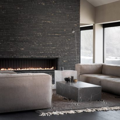 Living room with long fireplace