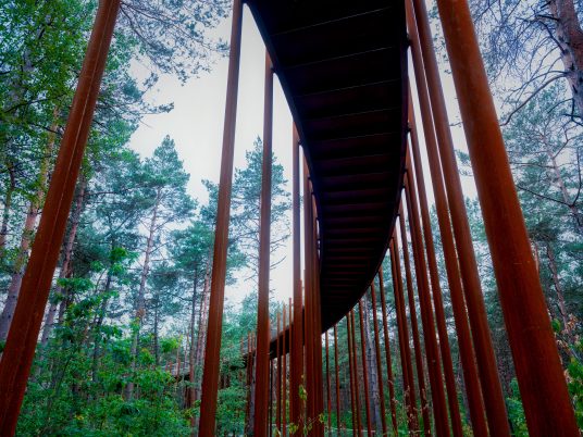 Weathering steel columns support the track