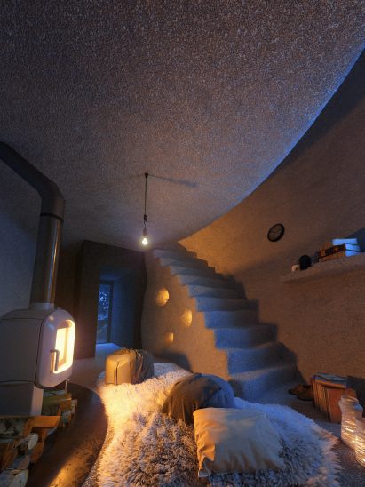 Interior renderings of Dolmen Shelter, a fictional hotel with stone-shaped rooms