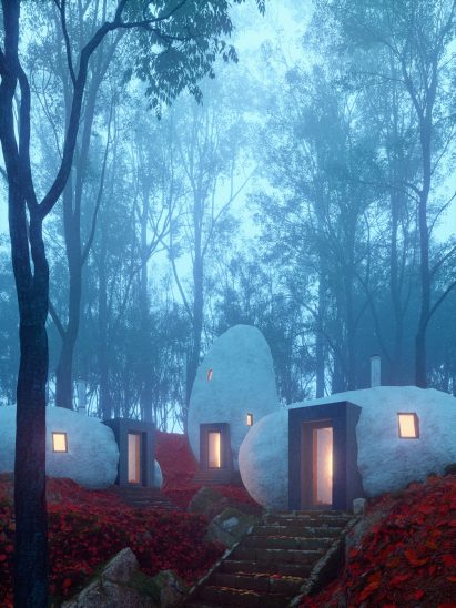 Renderings of Dolmen Shelter, a fictional hotel with stone-shaped rooms