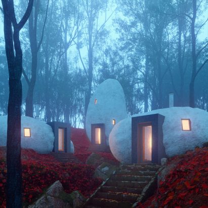 Dolmen Shelter is a fictional boutique hotel with stone-shaped guest suites