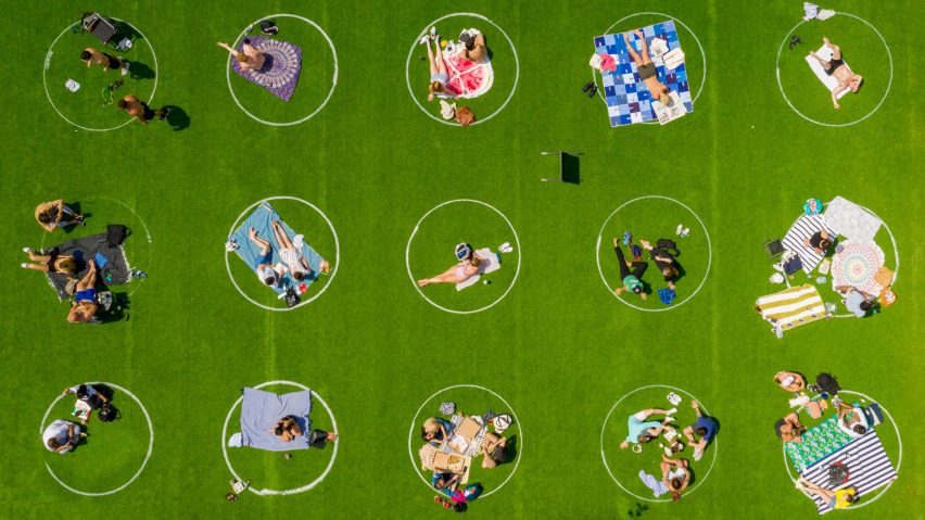 Wire circles in Domino Park to promote social distancing during the pandemic