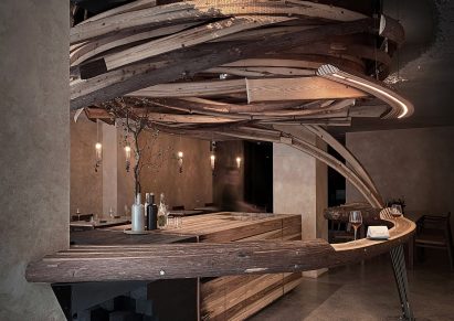Interior of Embers restaurant in Taipei has nest-like sculpture made from cedar wood