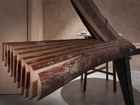 Interior of Embers restaurant in Taipei has nest-like sculpture made from cedar wood