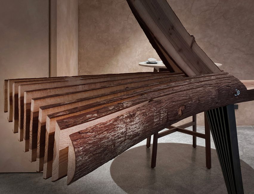 Interior of Embers restaurant in Taipei has nest-like sculpture made from cedar wood