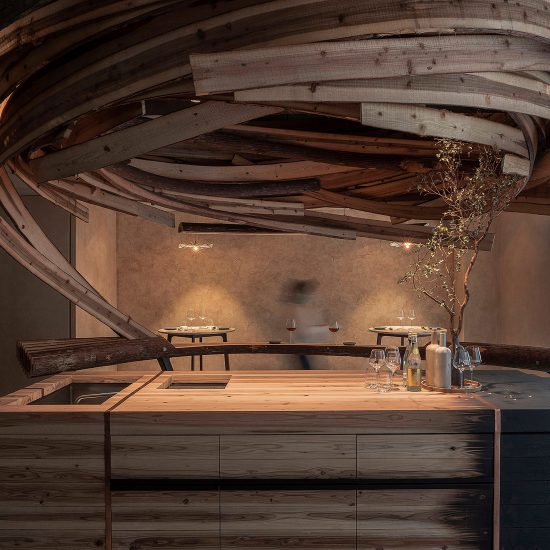 Interior of Embers restaurant in Taipei has nest-like sculpture made from cedar wood