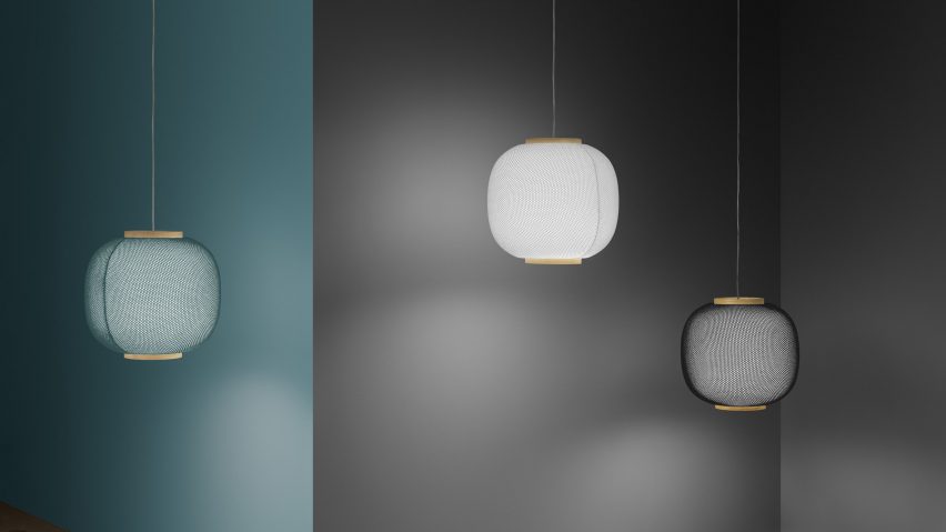 Haze pendant lamp by Samuel Wilkinson x Zero Light is wrapped in 3D-printed fabric