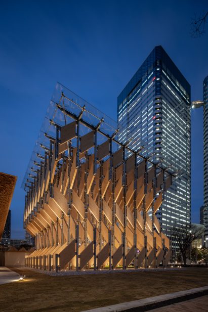 CLT Park Harumi by Kengo Kuma in Tokyo, Japan, at night