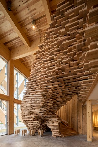 A staircase in CLT Park Harumi by Kengo Kuma in Tokyo, Japan