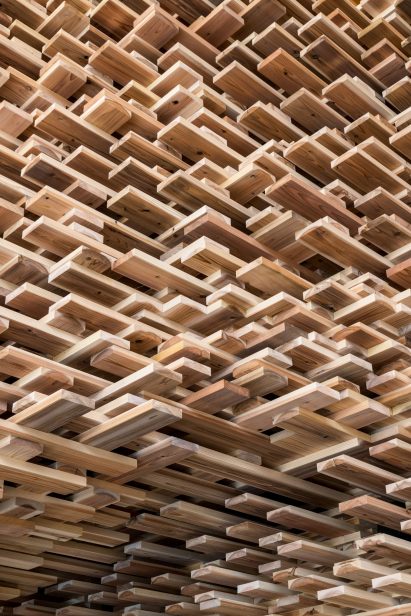 Staircase sculpture CLT Park Harumi by Kengo Kuma in Tokyo, Japan