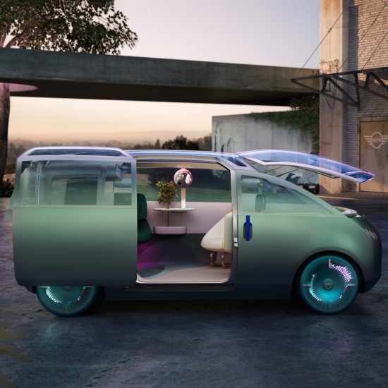 MINI’s Vision Urbanaut vehicle shifts between three interior layouts using a digital “token”