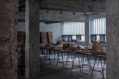 Exposed concrete columns in Shanghai architecture office