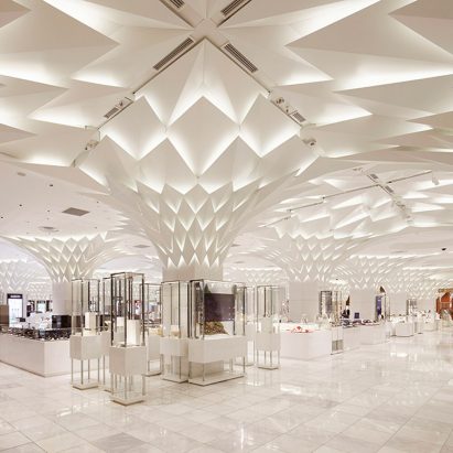 Leaf-shaped aluminium panels cover ceiling of Tokyo department store
