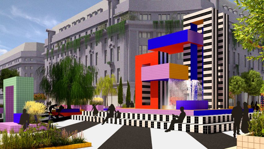 A fountain in Camille Walala's proposal for a pedestrianised Oxford Street, London