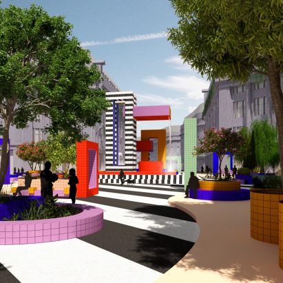 A visual of Camille Walala's proposal for a pedestrianised Oxford Street, London