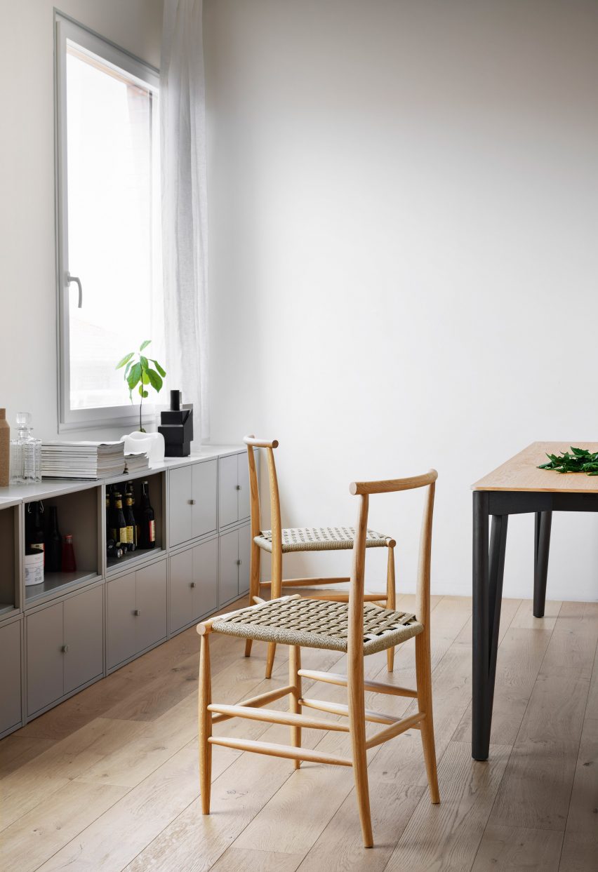 Natural wood version of Pelleossa chair with rushed seat designed by Francesco Faccin for Miniforms